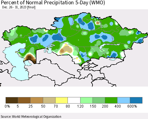 Kazakhstan Percent of Normal Precipitation 5-Day (WMO) Thematic Map For 12/26/2023 - 12/31/2023