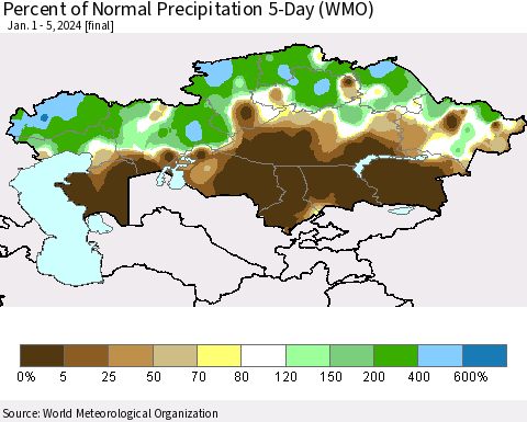 Kazakhstan Percent of Normal Precipitation 5-Day (WMO) Thematic Map For 1/1/2024 - 1/5/2024