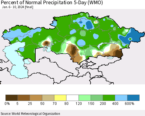 Kazakhstan Percent of Normal Precipitation 5-Day (WMO) Thematic Map For 1/6/2024 - 1/10/2024