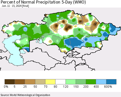Kazakhstan Percent of Normal Precipitation 5-Day (WMO) Thematic Map For 1/11/2024 - 1/15/2024