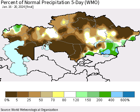 Kazakhstan Percent of Normal Precipitation 5-Day (WMO) Thematic Map For 1/16/2024 - 1/20/2024