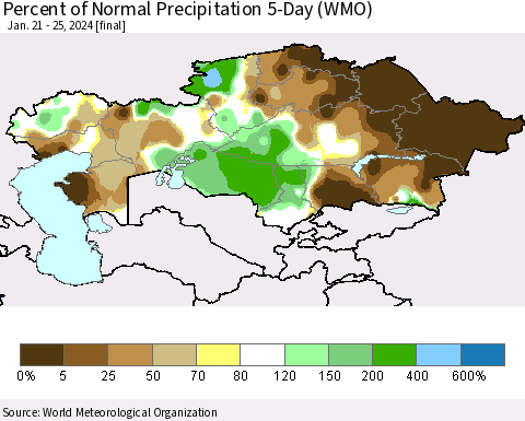 Kazakhstan Percent of Normal Precipitation 5-Day (WMO) Thematic Map For 1/21/2024 - 1/25/2024