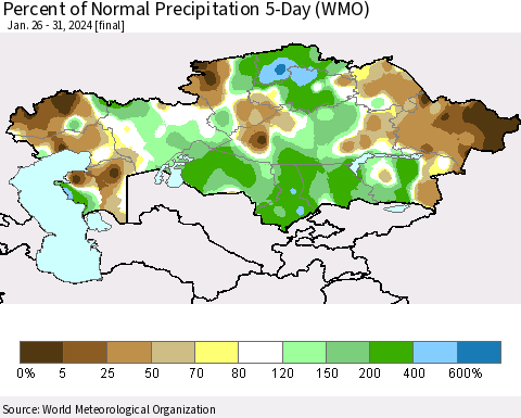 Kazakhstan Percent of Normal Precipitation 5-Day (WMO) Thematic Map For 1/26/2024 - 1/31/2024