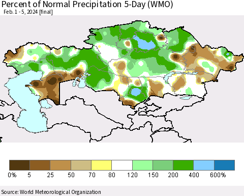 Kazakhstan Percent of Normal Precipitation 5-Day (WMO) Thematic Map For 2/1/2024 - 2/5/2024