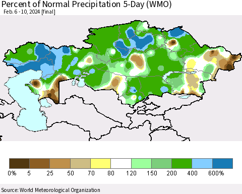Kazakhstan Percent of Normal Precipitation 5-Day (WMO) Thematic Map For 2/6/2024 - 2/10/2024