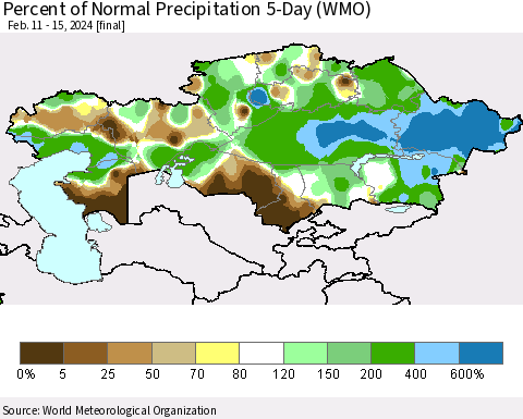 Kazakhstan Percent of Normal Precipitation 5-Day (WMO) Thematic Map For 2/11/2024 - 2/15/2024
