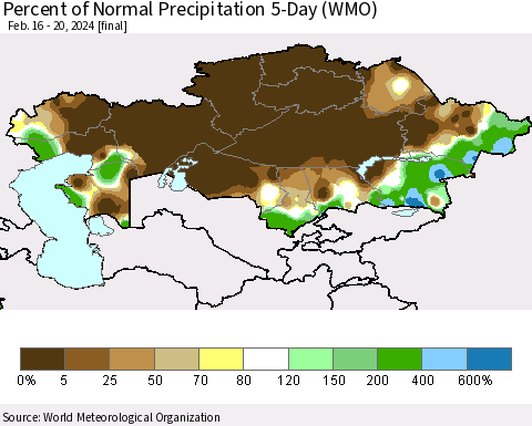 Kazakhstan Percent of Normal Precipitation 5-Day (WMO) Thematic Map For 2/16/2024 - 2/20/2024