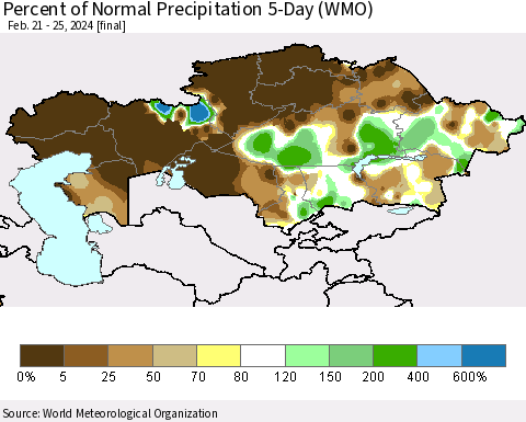 Kazakhstan Percent of Normal Precipitation 5-Day (WMO) Thematic Map For 2/21/2024 - 2/25/2024