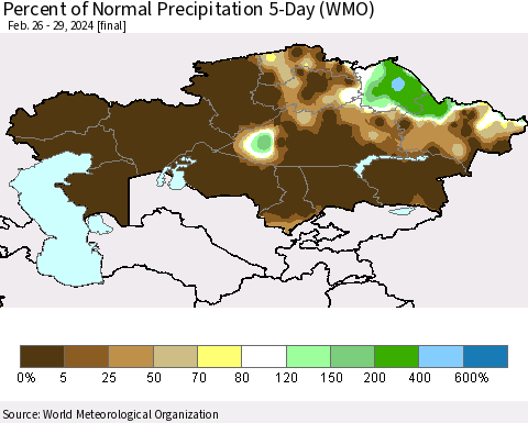 Kazakhstan Percent of Normal Precipitation 5-Day (WMO) Thematic Map For 2/26/2024 - 2/29/2024