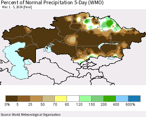 Kazakhstan Percent of Normal Precipitation 5-Day (WMO) Thematic Map For 3/1/2024 - 3/5/2024