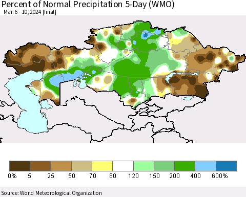 Kazakhstan Percent of Normal Precipitation 5-Day (WMO) Thematic Map For 3/6/2024 - 3/10/2024