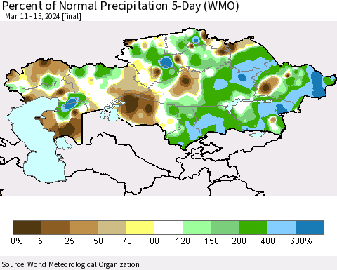 Kazakhstan Percent of Normal Precipitation 5-Day (WMO) Thematic Map For 3/11/2024 - 3/15/2024