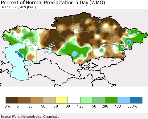Kazakhstan Percent of Normal Precipitation 5-Day (WMO) Thematic Map For 3/16/2024 - 3/20/2024
