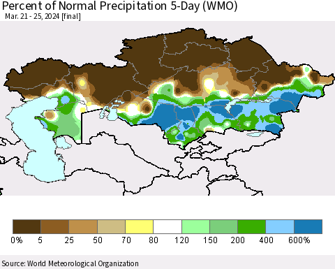 Kazakhstan Percent of Normal Precipitation 5-Day (WMO) Thematic Map For 3/21/2024 - 3/25/2024