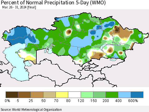 Kazakhstan Percent of Normal Precipitation 5-Day (WMO) Thematic Map For 3/26/2024 - 3/31/2024