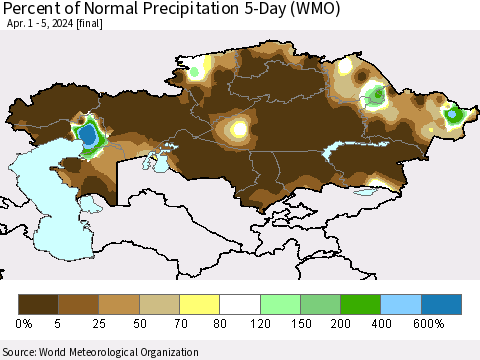 Kazakhstan Percent of Normal Precipitation 5-Day (WMO) Thematic Map For 4/1/2024 - 4/5/2024
