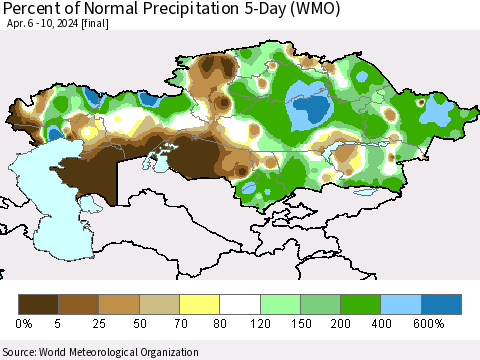 Kazakhstan Percent of Normal Precipitation 5-Day (WMO) Thematic Map For 4/6/2024 - 4/10/2024