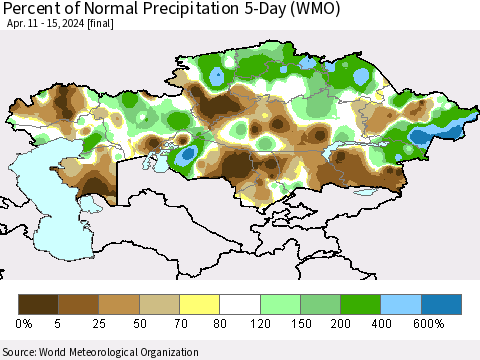 Kazakhstan Percent of Normal Precipitation 5-Day (WMO) Thematic Map For 4/11/2024 - 4/15/2024