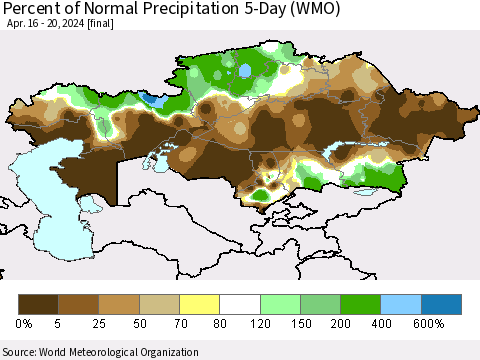 Kazakhstan Percent of Normal Precipitation 5-Day (WMO) Thematic Map For 4/16/2024 - 4/20/2024