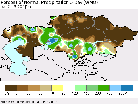 Kazakhstan Percent of Normal Precipitation 5-Day (WMO) Thematic Map For 4/21/2024 - 4/25/2024