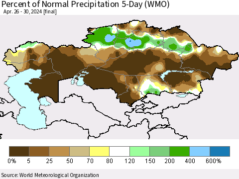 Kazakhstan Percent of Normal Precipitation 5-Day (WMO) Thematic Map For 4/26/2024 - 4/30/2024
