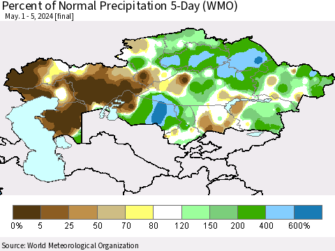 Kazakhstan Percent of Normal Precipitation 5-Day (WMO) Thematic Map For 5/1/2024 - 5/5/2024
