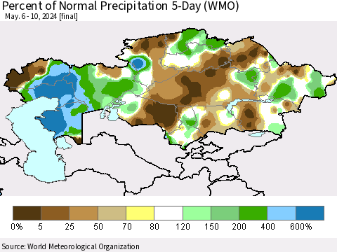 Kazakhstan Percent of Normal Precipitation 5-Day (WMO) Thematic Map For 5/6/2024 - 5/10/2024