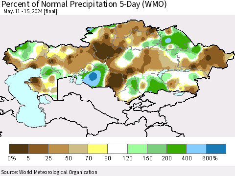 Kazakhstan Percent of Normal Precipitation 5-Day (WMO) Thematic Map For 5/11/2024 - 5/15/2024
