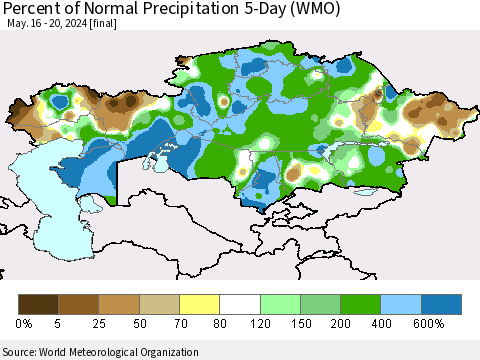 Kazakhstan Percent of Normal Precipitation 5-Day (WMO) Thematic Map For 5/16/2024 - 5/20/2024