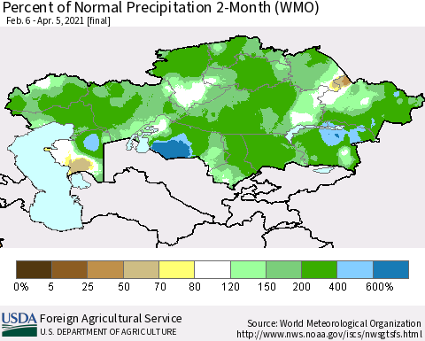 Kazakhstan Percent of Normal Precipitation 2-Month (WMO) Thematic Map For 2/6/2021 - 4/5/2021