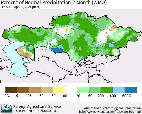 Kazakhstan Percent of Normal Precipitation 2-Month (WMO) Thematic Map For 2/11/2021 - 4/10/2021