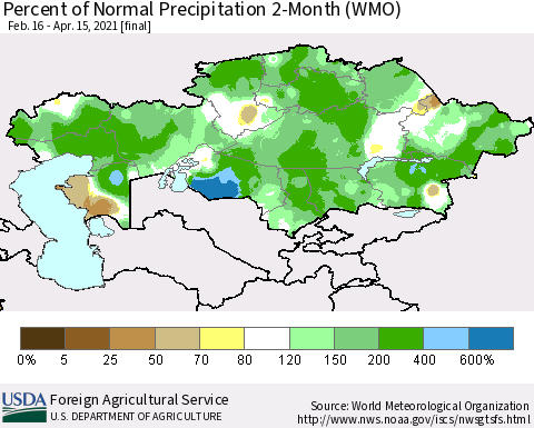 Kazakhstan Percent of Normal Precipitation 2-Month (WMO) Thematic Map For 2/16/2021 - 4/15/2021