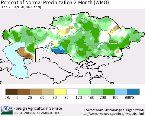 Kazakhstan Percent of Normal Precipitation 2-Month (WMO) Thematic Map For 2/21/2021 - 4/20/2021