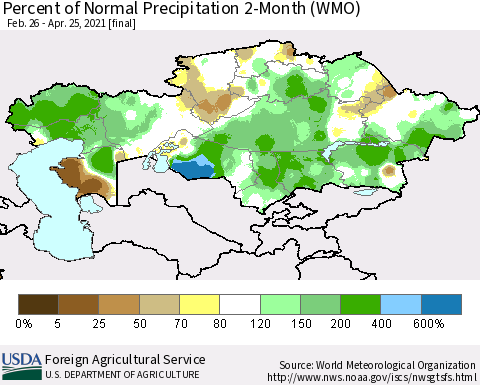 Kazakhstan Percent of Normal Precipitation 2-Month (WMO) Thematic Map For 2/26/2021 - 4/25/2021