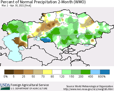 Kazakhstan Percent of Normal Precipitation 2-Month (WMO) Thematic Map For 3/1/2021 - 4/30/2021