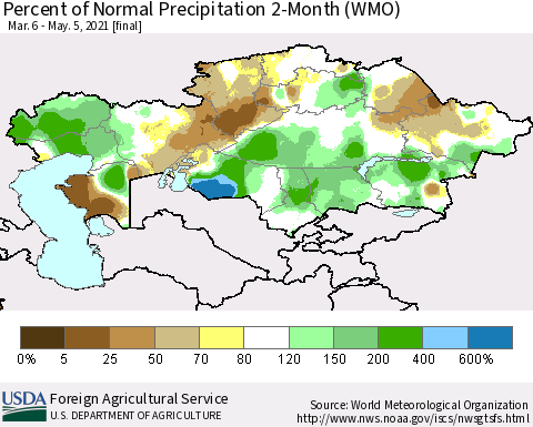 Kazakhstan Percent of Normal Precipitation 2-Month (WMO) Thematic Map For 3/6/2021 - 5/5/2021