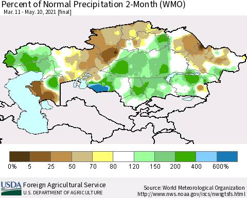Kazakhstan Percent of Normal Precipitation 2-Month (WMO) Thematic Map For 3/11/2021 - 5/10/2021