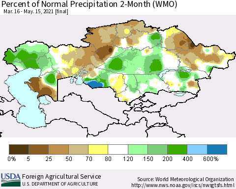 Kazakhstan Percent of Normal Precipitation 2-Month (WMO) Thematic Map For 3/16/2021 - 5/15/2021