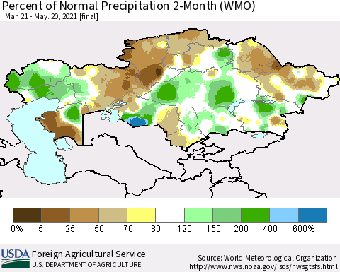 Kazakhstan Percent of Normal Precipitation 2-Month (WMO) Thematic Map For 3/21/2021 - 5/20/2021