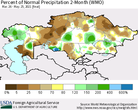 Kazakhstan Percent of Normal Precipitation 2-Month (WMO) Thematic Map For 3/26/2021 - 5/25/2021