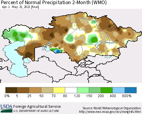 Kazakhstan Percent of Normal Precipitation 2-Month (WMO) Thematic Map For 4/1/2021 - 5/31/2021