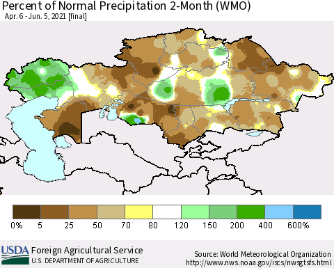 Kazakhstan Percent of Normal Precipitation 2-Month (WMO) Thematic Map For 4/6/2021 - 6/5/2021