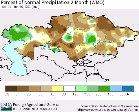 Kazakhstan Percent of Normal Precipitation 2-Month (WMO) Thematic Map For 4/11/2021 - 6/10/2021