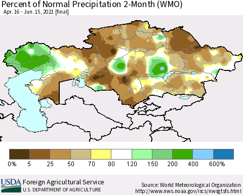 Kazakhstan Percent of Normal Precipitation 2-Month (WMO) Thematic Map For 4/16/2021 - 6/15/2021