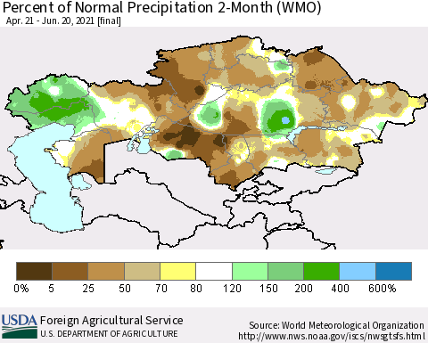 Kazakhstan Percent of Normal Precipitation 2-Month (WMO) Thematic Map For 4/21/2021 - 6/20/2021