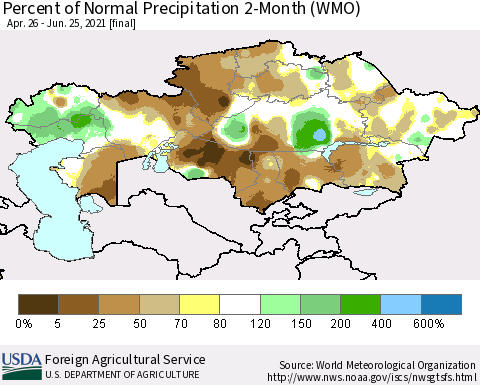 Kazakhstan Percent of Normal Precipitation 2-Month (WMO) Thematic Map For 4/26/2021 - 6/25/2021