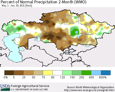 Kazakhstan Percent of Normal Precipitation 2-Month (WMO) Thematic Map For 5/1/2021 - 6/30/2021