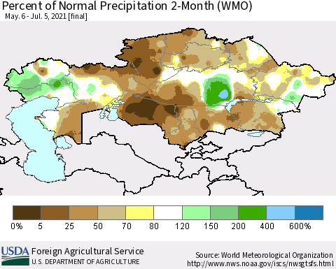 Kazakhstan Percent of Normal Precipitation 2-Month (WMO) Thematic Map For 5/6/2021 - 7/5/2021