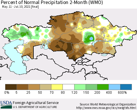 Kazakhstan Percent of Normal Precipitation 2-Month (WMO) Thematic Map For 5/11/2021 - 7/10/2021