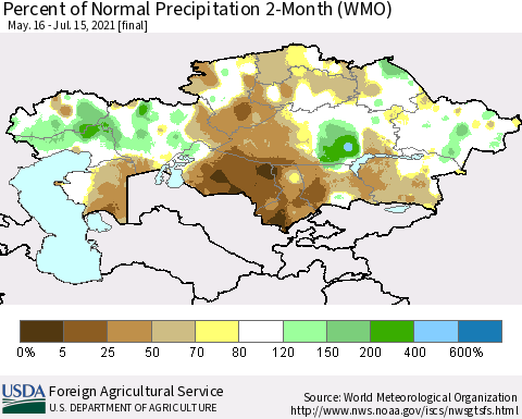 Kazakhstan Percent of Normal Precipitation 2-Month (WMO) Thematic Map For 5/16/2021 - 7/15/2021